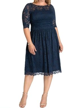 Navy Lace Midi Dress with Ruched Waist